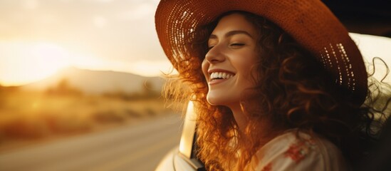 A happy woman in a straw hat is smiling and enjoying the ride in the back seat of a car. She looks pleased, with the landscape passing by, having fun during the travel