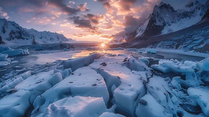 Foto op Canvas Splitting glaciers due to earthquake, cold dawn. Generative AI. © visoot