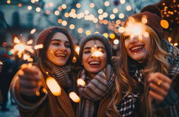 Two happy young women in winter holding sparklers at a Christmas market, having fun together on a snowy day outdoors