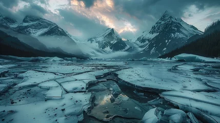 Poster Splitting glaciers due to earthquake, cold dawn. Generative AI. © visoot