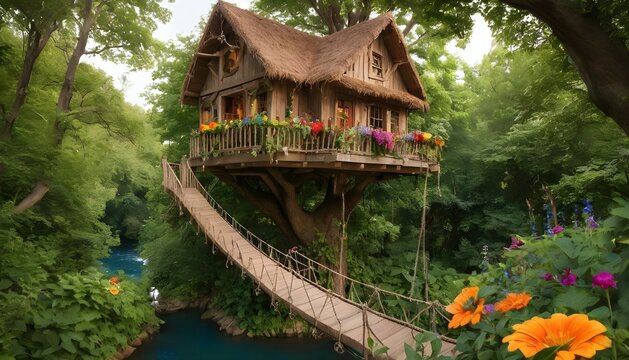 Fototapeta A cozy treehouse nestled among lush foliage, complete with a swinging rope bridge and vibrant flowers.