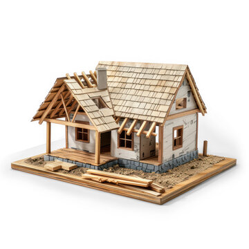 A miniature house under construction on a wooden board apartment, 3d icon, professional render on transparency background PNG
