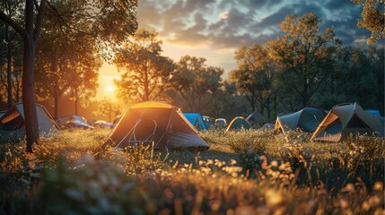 Suburban grass, tents, light luxury, camping. Generative AI. - obrazy, fototapety, plakaty
