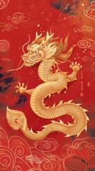 Obraz premium Illustrations, relief printing, line draft, hollow out, light gold Chinese dragon, abstract 2D style, abstract minimalism, simple lines, layout, four claws of Chinese dragon, golden dragon, red backgr
