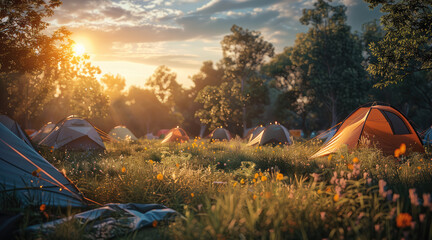 Suburban grass, tents, light luxury, camping. Generative AI. - obrazy, fototapety, plakaty