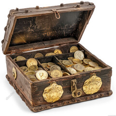 old weathered opened treasure box with golden coins and jewelry apartment, 3d icon, professional render on transparency background PNG