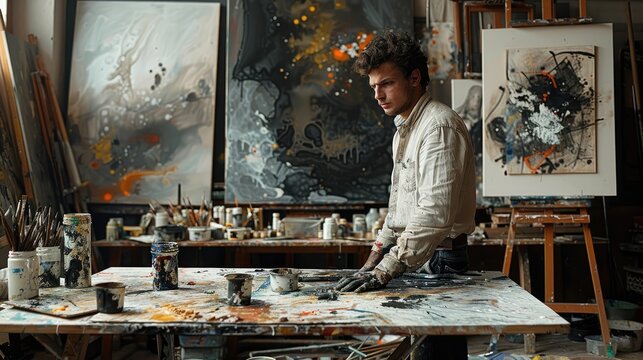Artist men working in his art studio, painting. Generative AI.