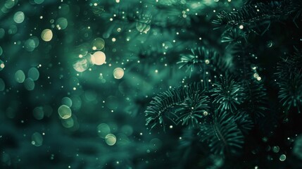 Fototapeta premium A dark green Christmas tree appears out of focus in the background, creating a blurry effect
