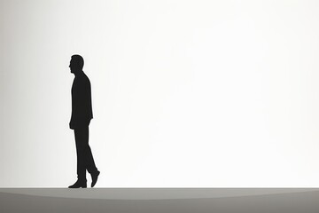 A single, elongated figure stands in silhouette against a plain white background.