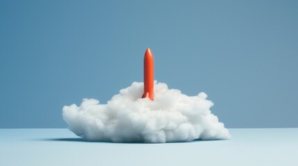 A red rocket is soaring through white fluffy clouds in a playful and dynamic motion