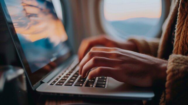 A man is seated in an airplane cabin, typing on his laptop