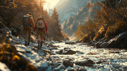 a couple of hikers walking along a mountain river - obrazy, fototapety, plakaty