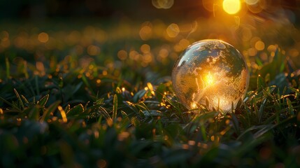 A glass globe depicting a transparent earth with green grass as a base. A glass globe on a green meadow in the afternoon.