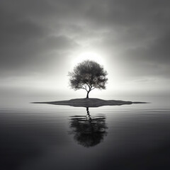 Obraz premium A Single Tree with small land Surrounded by Ocean and its Reflection on the water with moon light background in night time