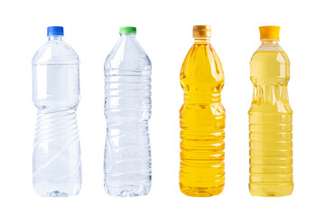 Water and Vegetable oil in different bottle for cooking isolated on white background.