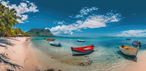 Store enrouleur sans perçage Le Morne, Maurice The beautiful beach of Le Morne in Mauritius, vibrant colors, colorful boats and yachts on the white sand, green palm trees, blue sky with clouds, mountain view from the shore