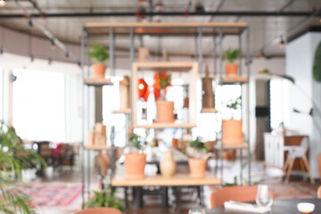 Vintage restaurant shop store interior, abstract blur background