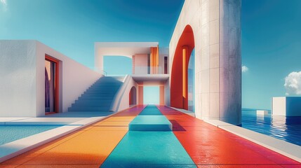 Modern architecture with pastel colors, bold shapes and patterns. Generative AI.