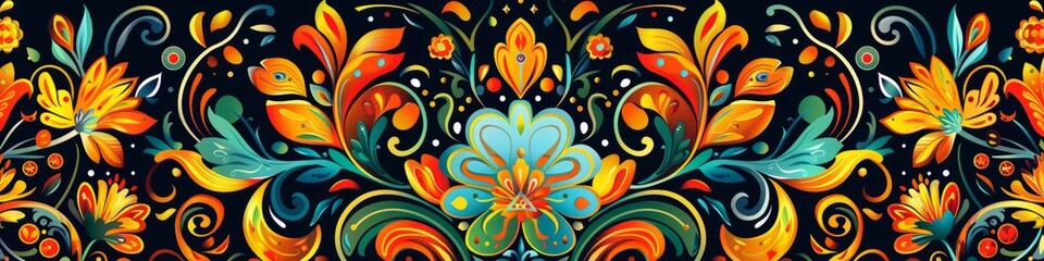 Vibrant flowers painted on a dark black backdrop with striking colors, background, wallpaper, banner
