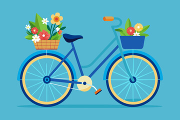 blue cycle with basket and flowers in it
