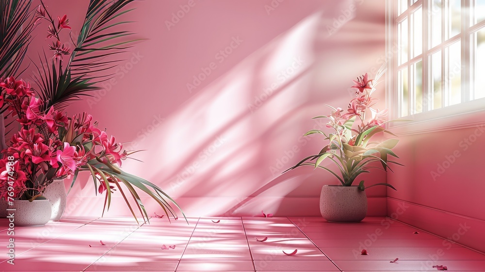 Aufkleber Background for product presentation with abstract pink color gradient. Empty room with shadows of window and flowers and palm leaves. Generative AI.