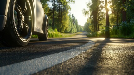 A car with summer tires driving down an asphalt road on a sunny day