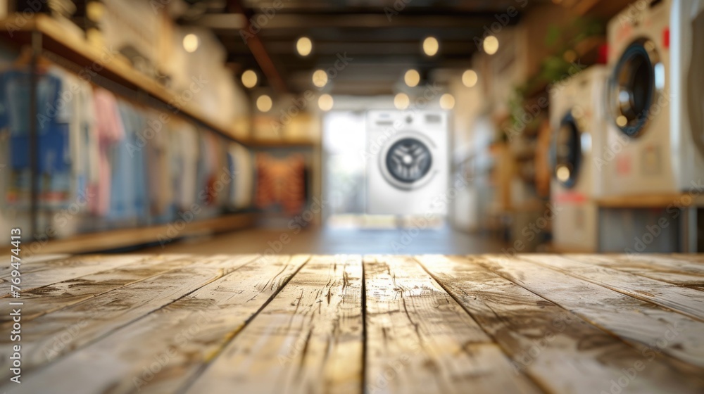 Poster a wooden table with a blurred washing machine in the background, creating a simple yet practical hou