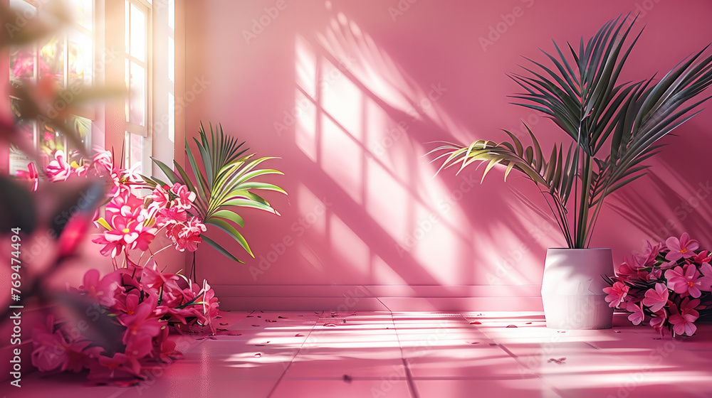 Aufkleber Background for product presentation with abstract pink color gradient. Empty room with shadows of window and flowers and palm leaves. Generative AI.