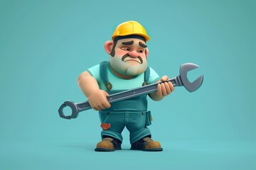animated worker or engineer with wrench. 