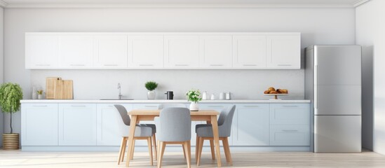 Fototapeta premium A kitchen with a rectangular table and chairs made of wood furniture, hardwood flooring, and a refrigerator in the building with a ceiling