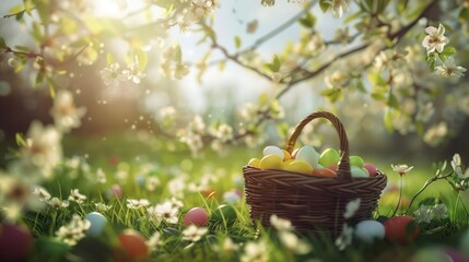 A basket filled with colorful eggs sitting on a vibrant green field in springtime