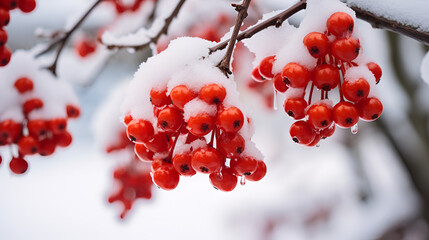 Fototapeta na wymiar Snow Covered Pine Branches With Red Berries, Juicy and bright berries of the viburnum are covered with snow, on a warm winter day