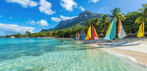 The beautiful beach of Le Morne in Mauritius, vibrant colors, colorful boats and yachts on the white sand, green palm trees, blue sky with clouds, mountain view from the shore
