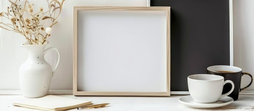 A rectangle picture frame rests on a table next to a cup of coffee. This still life photography captures a cozy room setting, perfect for an event or as a computer monitor accessory