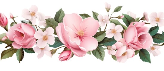 A creative arts display featuring a row of pink flowers with green leaves on a white background. Perfect for flower arranging or adding a pop of color to any event