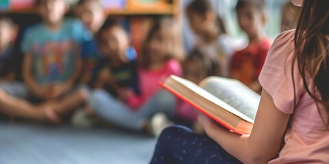 A young girl sitting and reading a book to a group of children who are listening attentively
