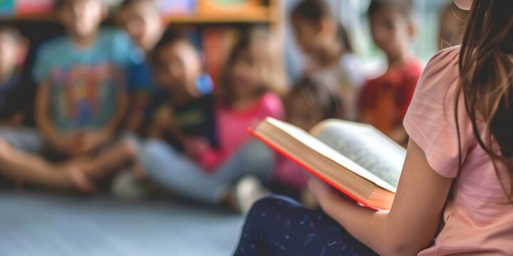 A young girl sitting and reading a book to a group of children who are listening attentively