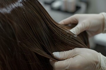 Naklejka premium Young woman with long brown hair undergoing a keratin treatment to make her hair smoother and shinier. Concept Haircare, Keratin Treatment, Beauty Transformation, Salon Experience, Long Brown Hair
