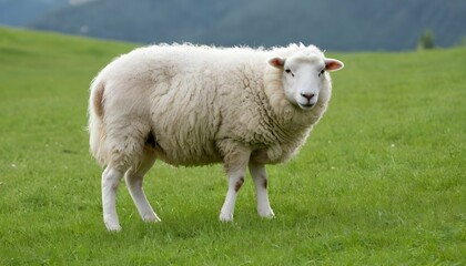 Naklejka na ściany i meble A Fluffy White Sheep Grazing In A Green Meadow
