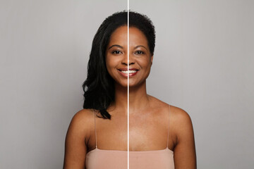 Aging, cosmetology, plastic surgery and retouching before and after concept. Portrait of healthy...