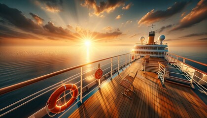 Golden Sunrise on Cruise Ship Deck Ocean View - obrazy, fototapety, plakaty