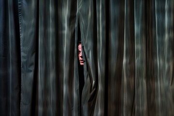 actor peeking through small gap in closed stage curtain