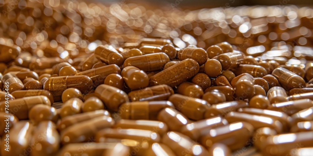 Poster a stack of brown pills placed on a tabletop. the pills are neatly arranged in a pile on the surface