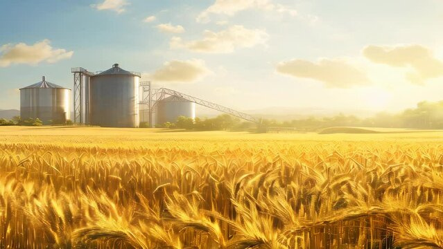 Wheat field in front of grain storage silos