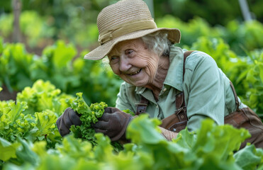 portrait of a happy senior woman working in the garden, growing vegetables and lettuce on her vegetable patch during the summer time