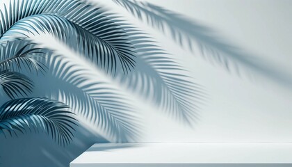 Fototapeta na wymiar Tropical Shadows Palm Fronds on Blue Wall