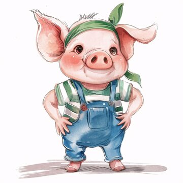 Piggy Pride - A colorful cartoon pig wearing a bandana and striped overalls Generative AI