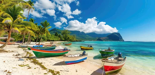 Cercles muraux Le Morne, Maurice The beautiful beach of Le Morne in Mauritius, vibrant colors, colorful boats and yachts on the white sand, green palm trees, blue sky with clouds, mountain view from the shore