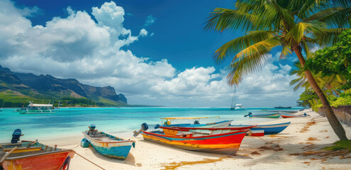 The beautiful beach of Le Morne in Mauritius, vibrant colors, colorful boats and yachts on the...