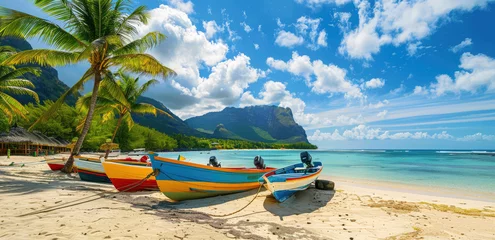 Cercles muraux Le Morne, Maurice The beautiful beach of Le Morne in Mauritius, vibrant colors, colorful boats and yachts on the white sand, green palm trees, blue sky with clouds, mountain view from the shore